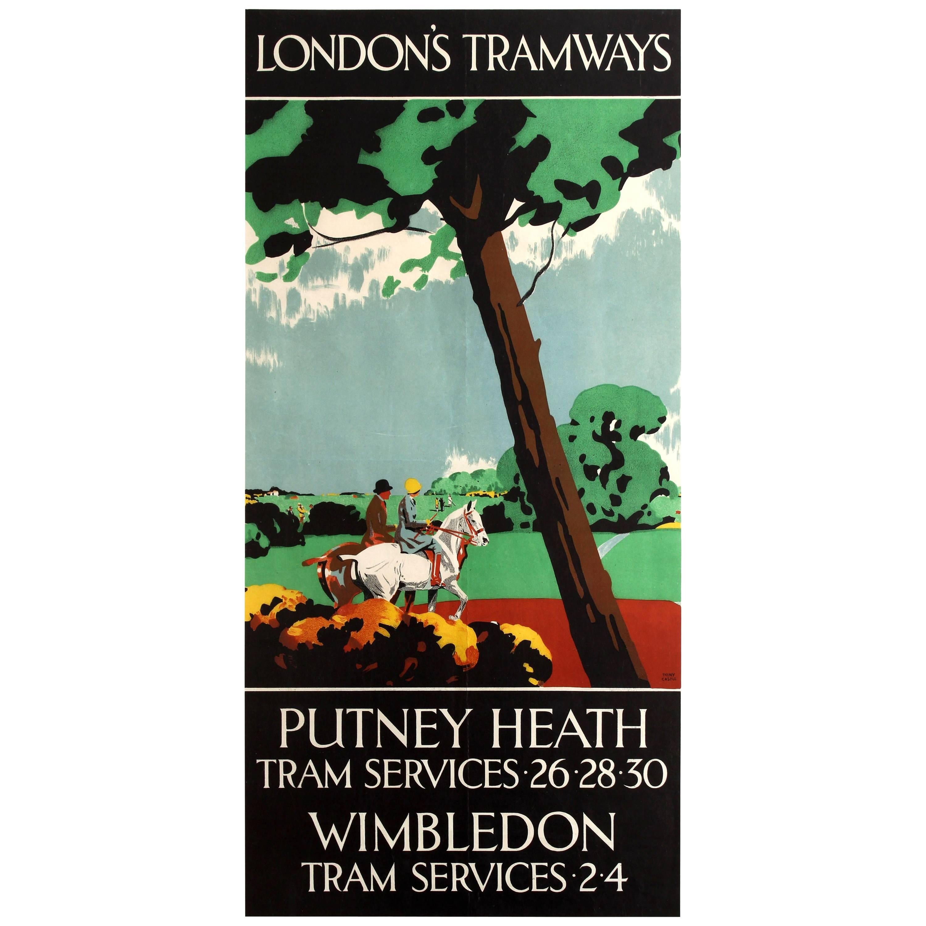 Affiche originale vintage Art Déco London Tramways pour Putney Heath et Wimbledon