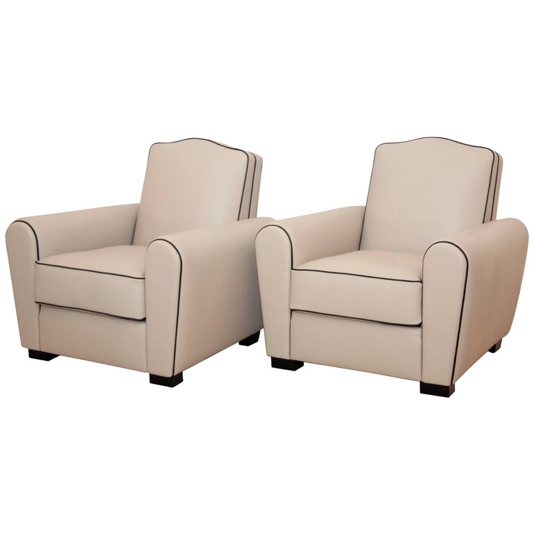 Pair of French Art Deco Armchairs or Club Chairs Beige Leather with