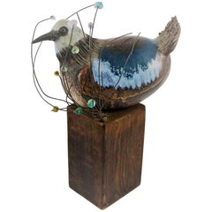 Ceramic Bird Sculpture on Wood Perch by Rosemary Laughlin Bashor