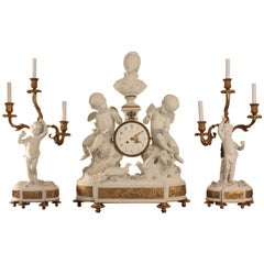 Fine and Large Sevres Bisque Clock Garniture De Cheminee