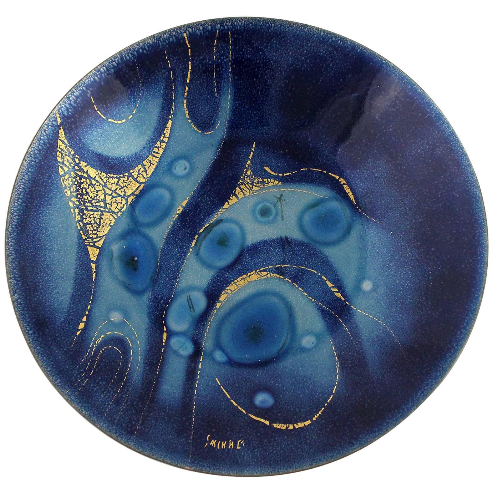 Sascha Brastoff Royal Blue Enamel Plate Abstract Design Mid-Century Modern