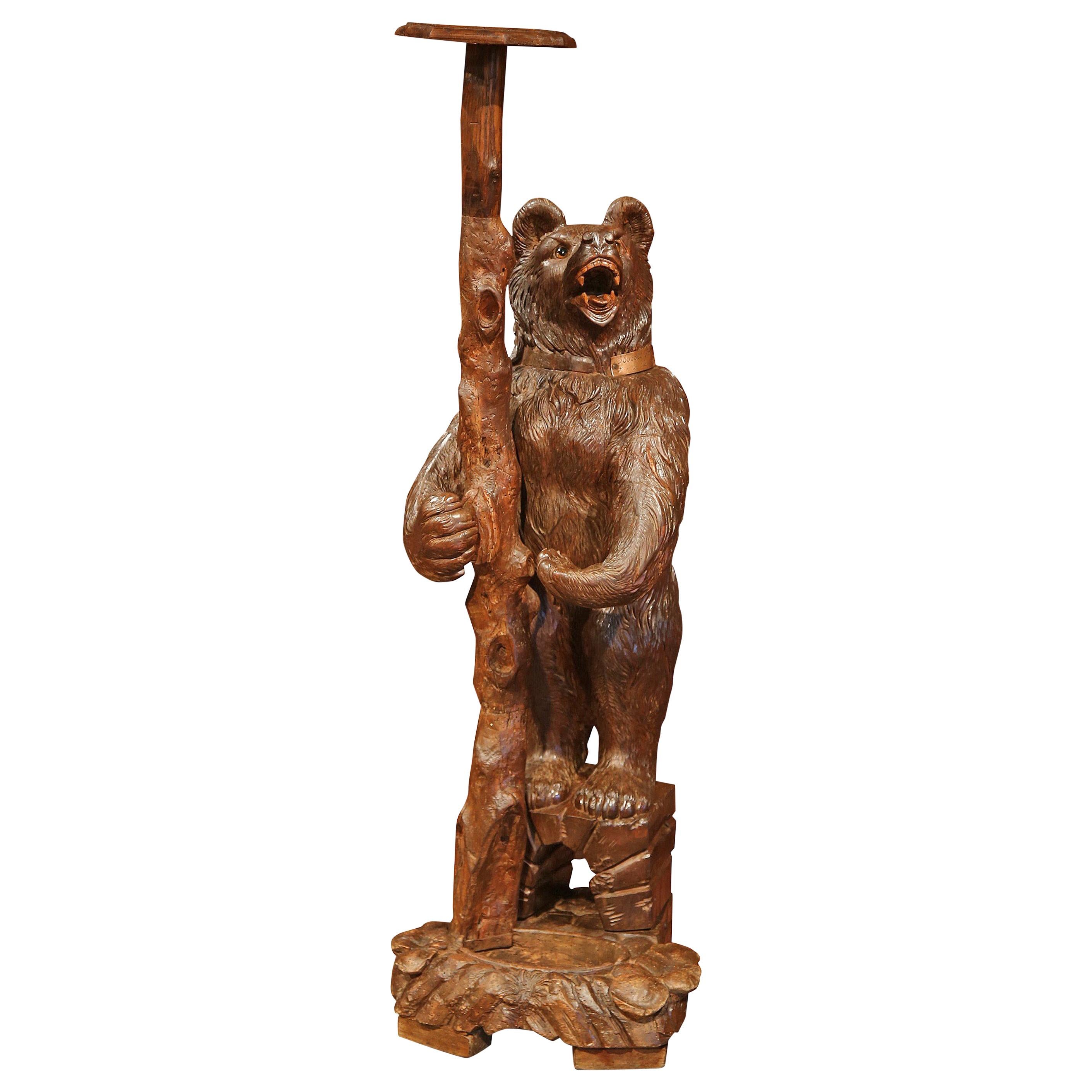 19th Century Swiss Black Forest Carved Bear Sculpture Stand with Glass Eyes