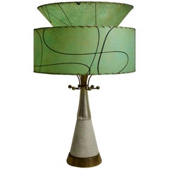 Ceramic and Brass Table Lamp with Atomic Details and Fibreglass Shade, 1950s