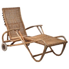 Adjustable Bamboo and Rattan Chaise with Wheels, Germany, 1920s-1930s