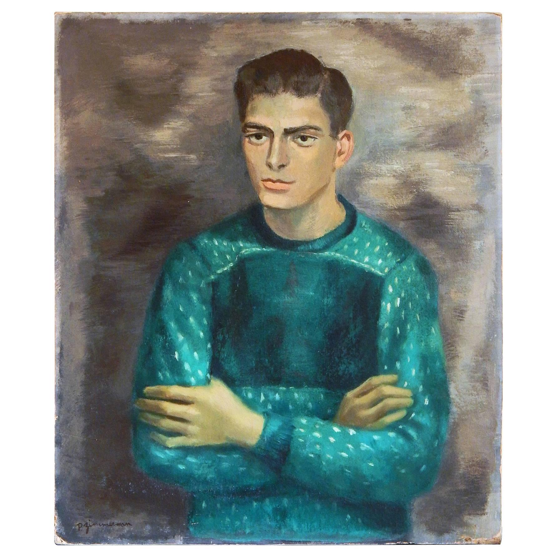 "Man in Green Sweater, " Striking Mid-Century Portrait by Zimmerman, 1950s For Sale