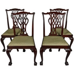 Four Antique Carved Mahogany Chippendale Ribbon Back Dining Chairs, 19th Century