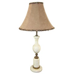 Art Deco French White Marble Lamp with Feathered Shade