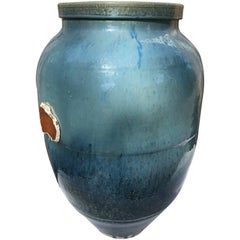 Retro Japanese Artisan Big 28" Blue Shigaraki Pot 28" Tall, One-of-a-Kind