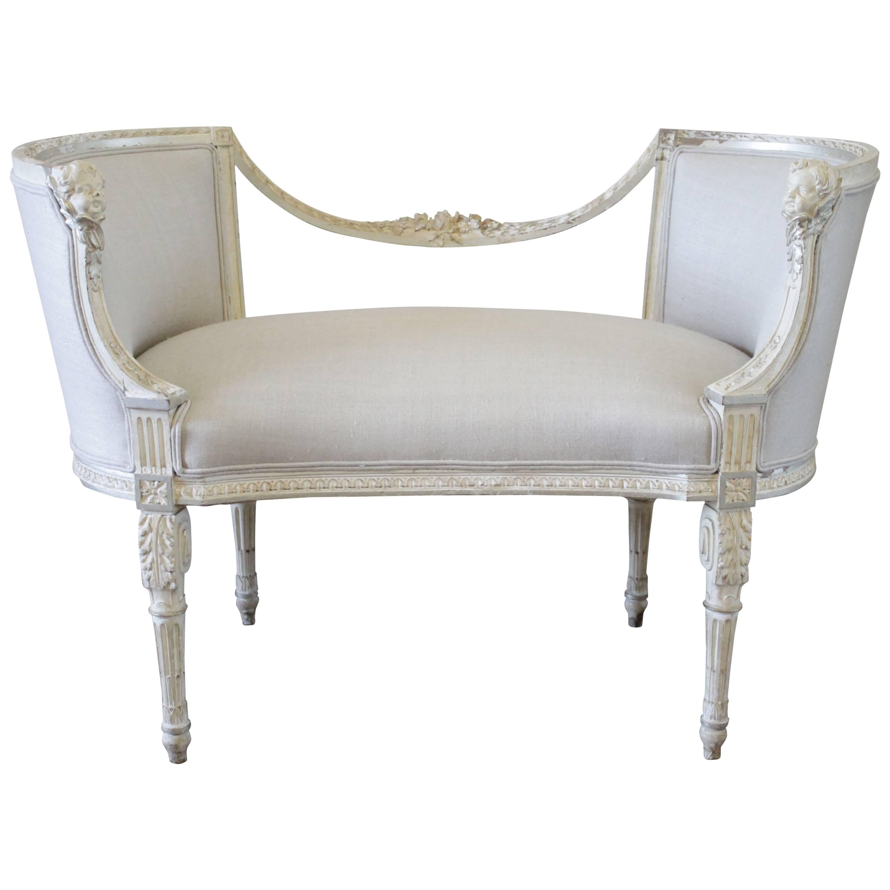 19th Century Antique Neoclassical Style Painted and Silk Upholstered Bench