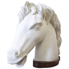 Retro Large Carved Marble Horse Head on Wooden Base