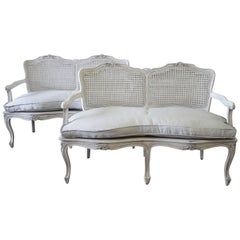 Antique French Country Louis XV Style Painted and Linen Upholstered Settee