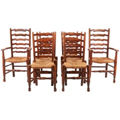 Complete Set of Eight 19th Century Rush Ladderback Oak Chairs, circa 1870