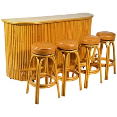 Vintage Tropical Rattan Tiki Bar with Four Stools