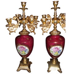 Porcelain and Gilt Candleholders Marked S. Limoges, Pair of Candelabra