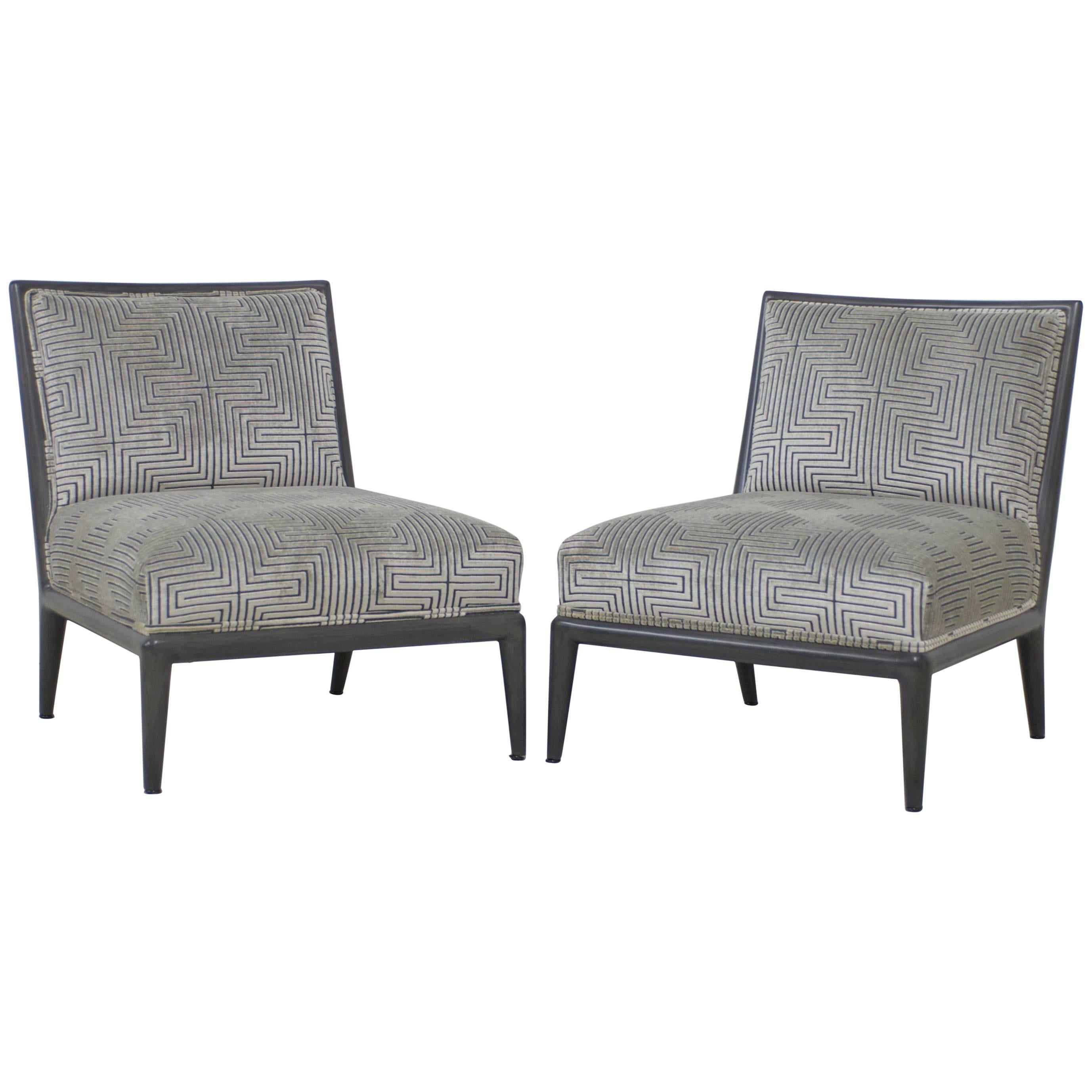 Pair of Charcoal Grey Finish Geometric Cut Velvet Mid-Century Slipper Chairs
