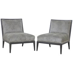 Pair of Charcoal Grey Finish Geometric Cut Velvet Mid-Century Slipper Chairs