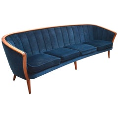 Norwegian Dark Blue Velvet and Teak Four-Seat Sofa, Midcentury, 1950s 8