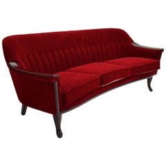 Vintage Norwegian Red Fabric and Mahogany Tapestry Three-Seat Sofa Midcentury, 1950s