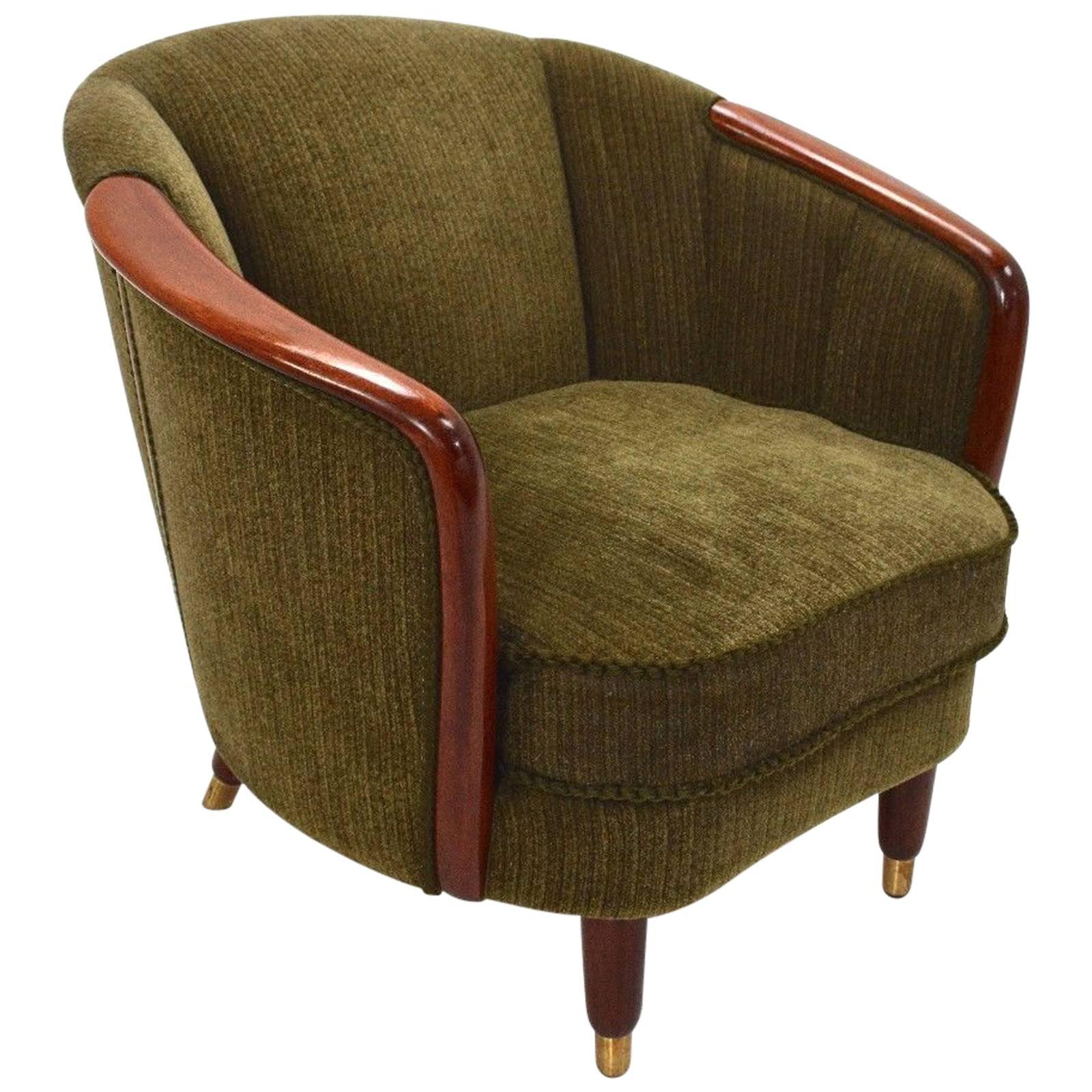 Norwegian Green Fabric Velour and Teak Armchair Midcentury Tub Chair, 1950s