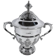 Antique English Sterling Silver Covered Trophy Cup with Strapwork