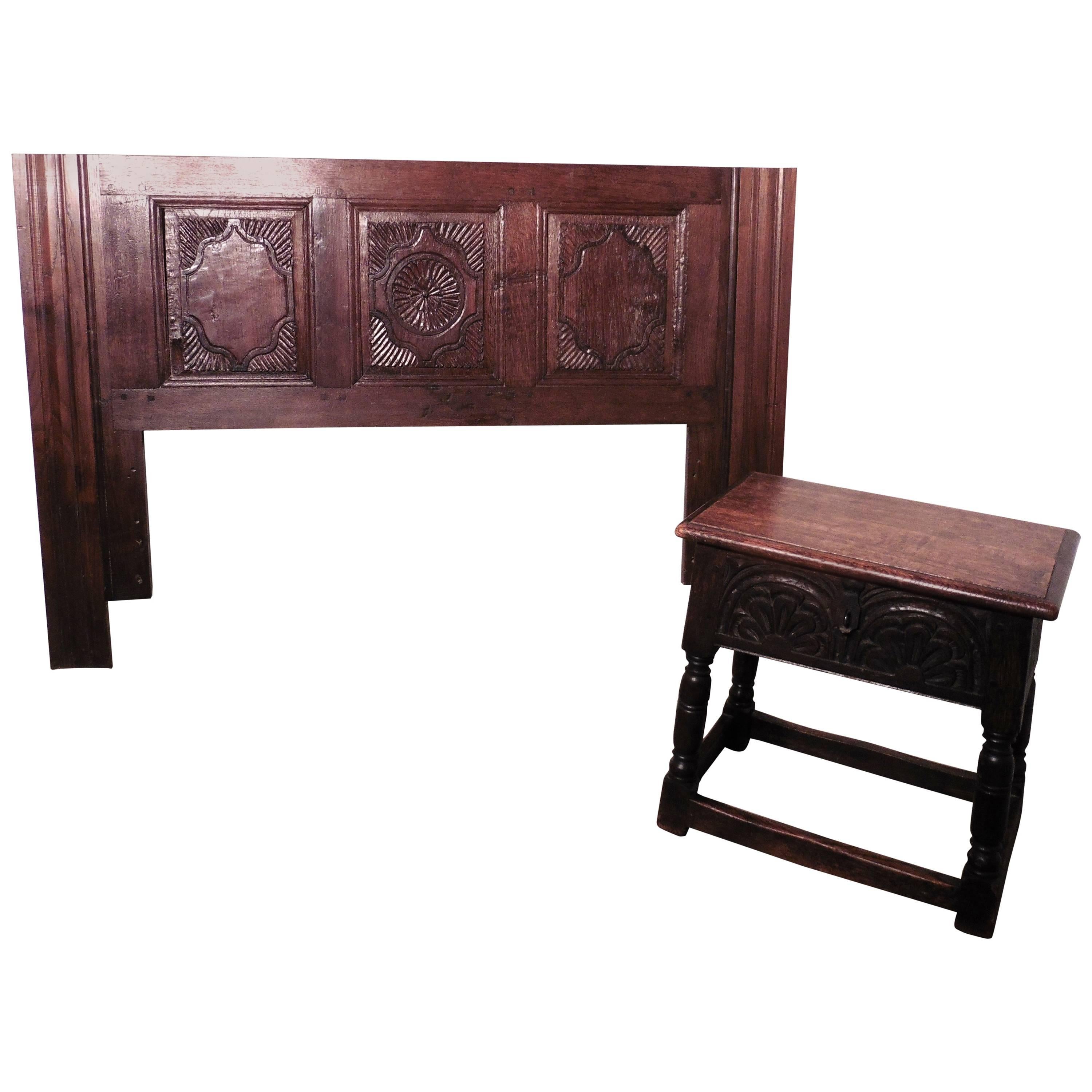 French Gothic Carved Oak Bed Head Board