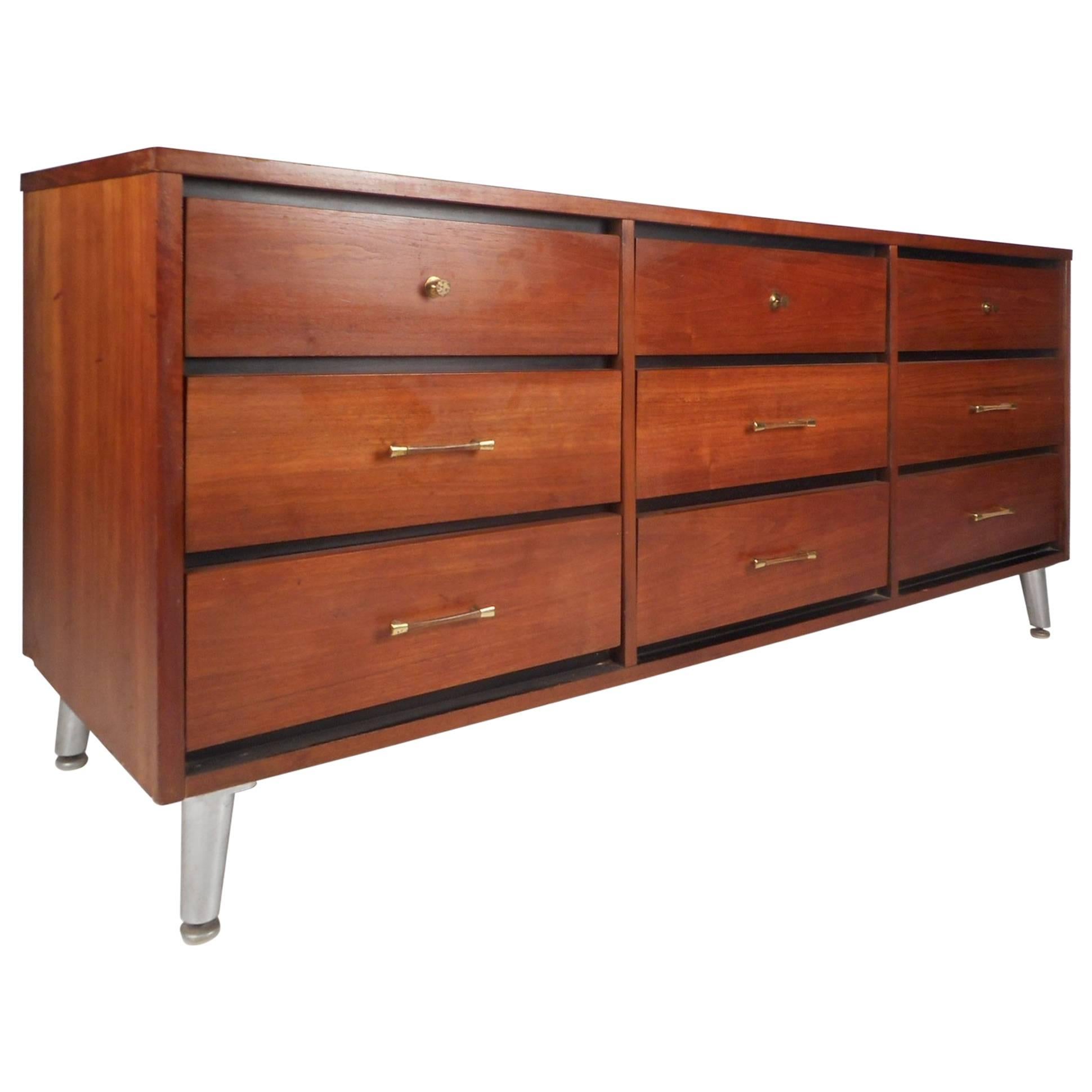 Mid-Century Modern Nine-Drawer Dresser with Metal Legs