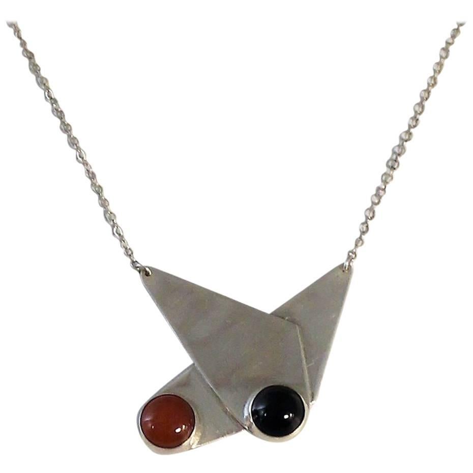 Tigga Sterling Silver Modernist Pendant Necklace with Carnelian and Onyx