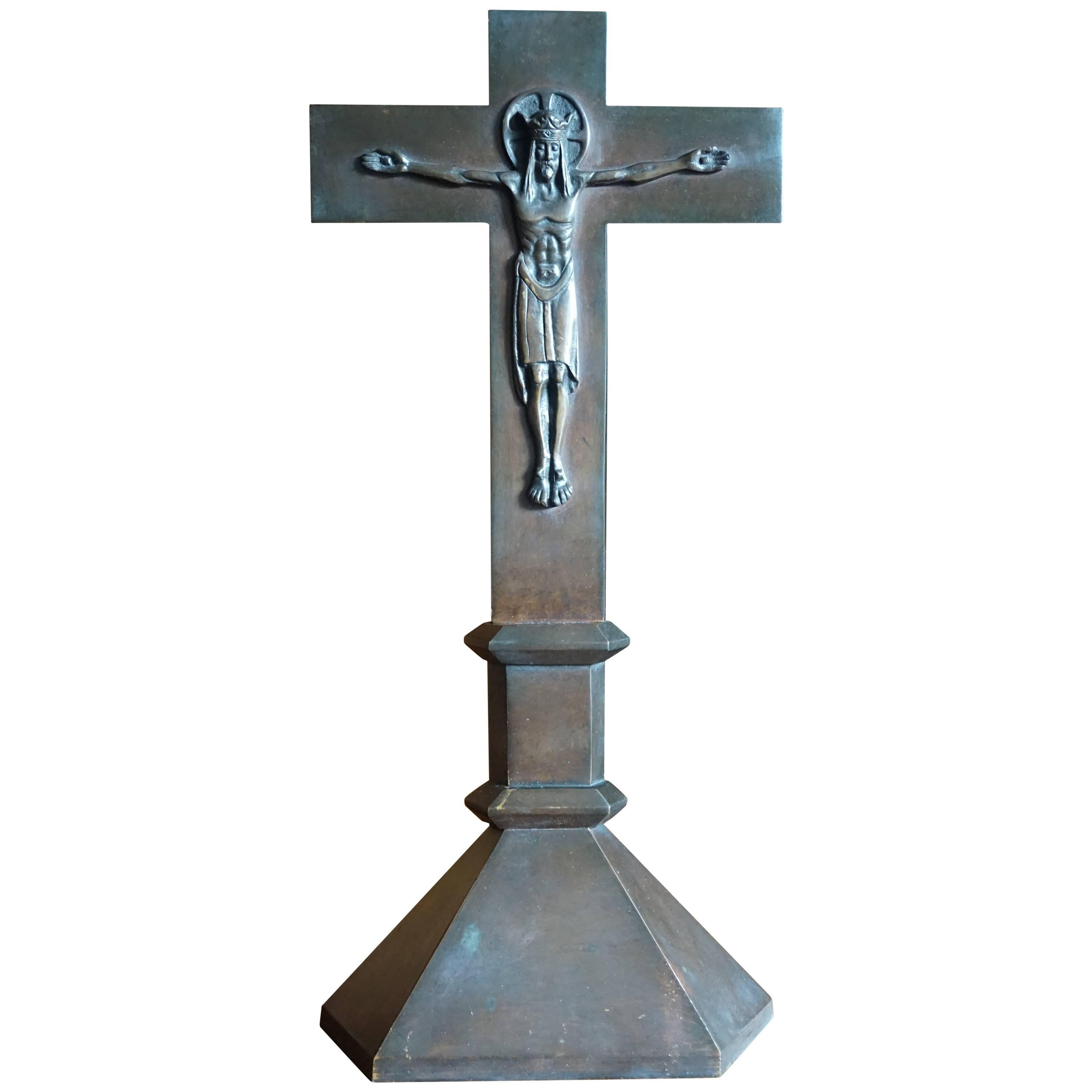 Rare Early 20th Century Art Deco Era, Bronze Crucifix with a Crowned Christ