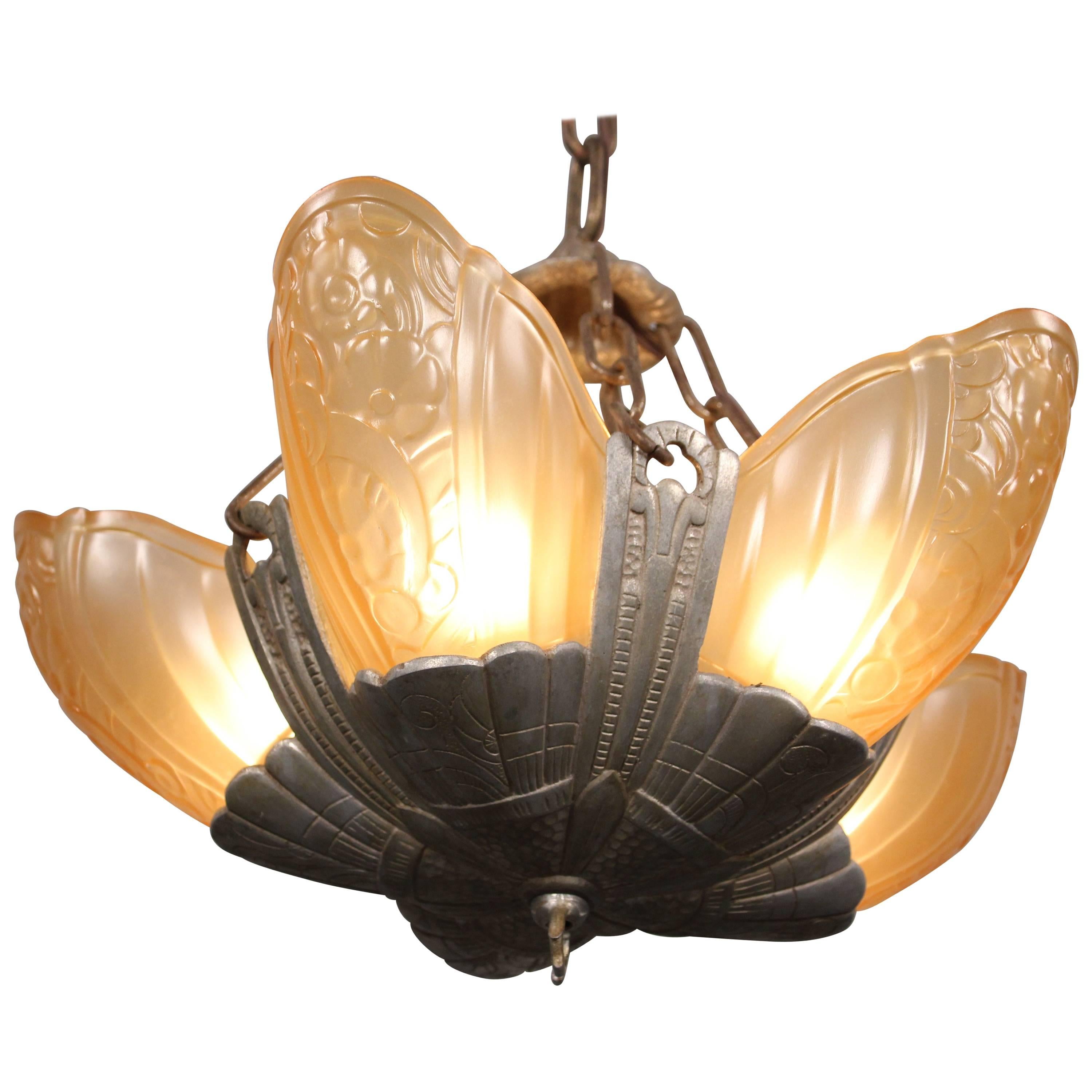 1930s Deco Chandelier with Original Slip Shades