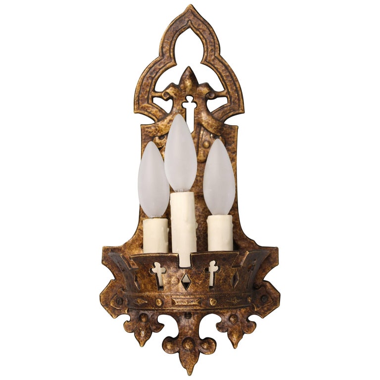 1 of 3 Antique 1920s Tudor Triple Light Sconce For Sale at 1stdibs