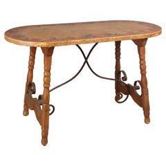 Rare Signed Monterey Table with Iron Trestle and Painted Top