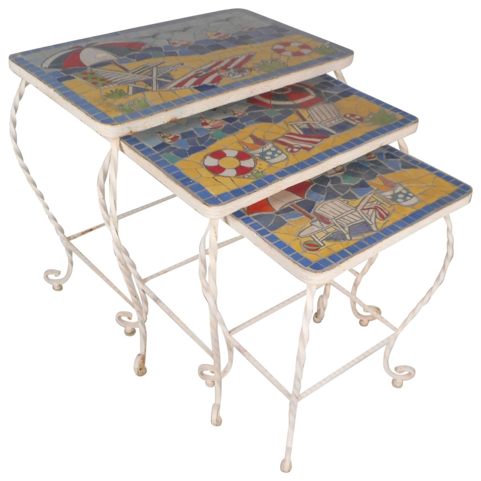 Set of Vintage Tile Top and Iron Nesting Tables with Beach Display