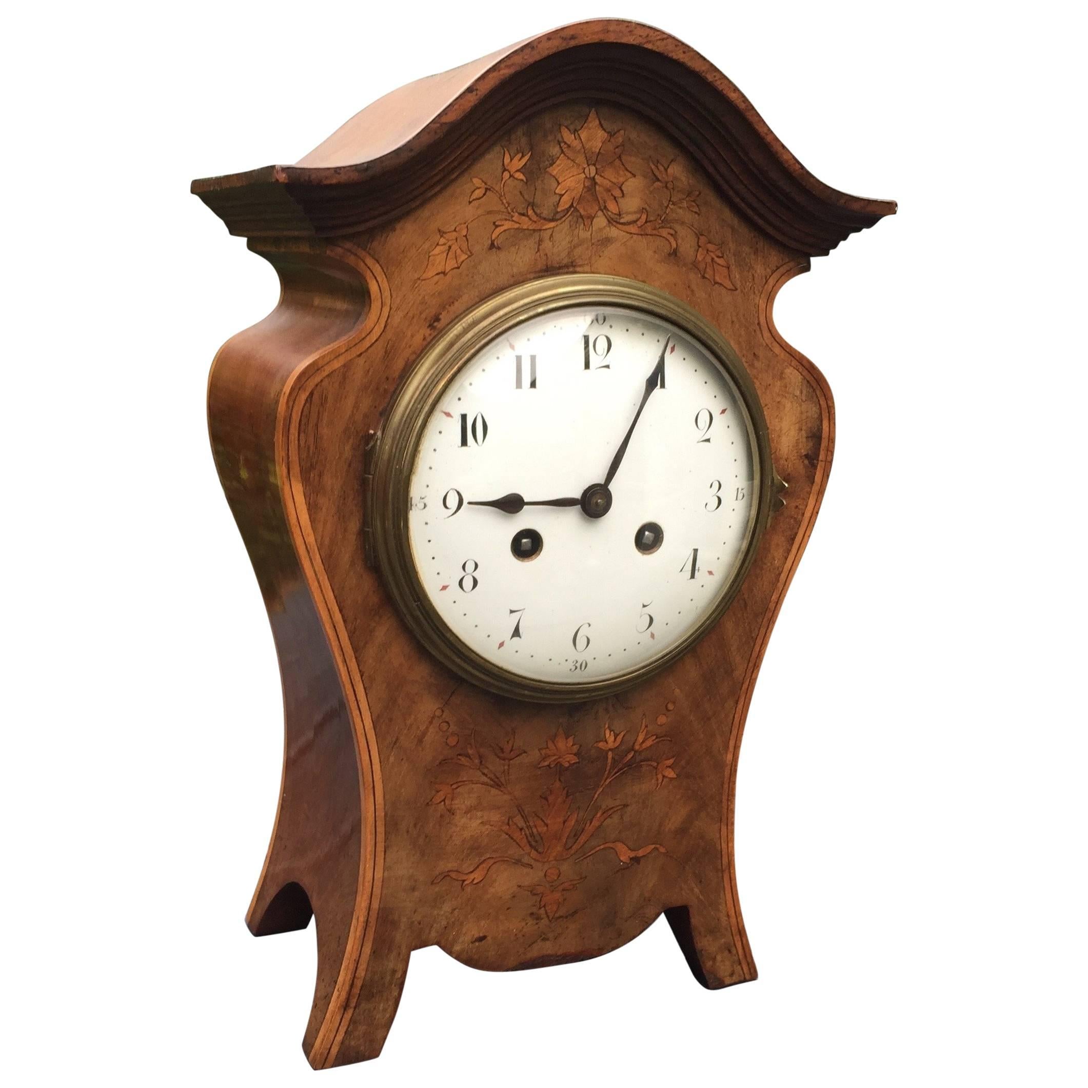 Elegant Art Nouveau Inlaid Nutwood Pendulum / Table Clock with Flower Motifs