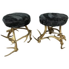 Pair of Antler Stools with Beaver Fur Seats