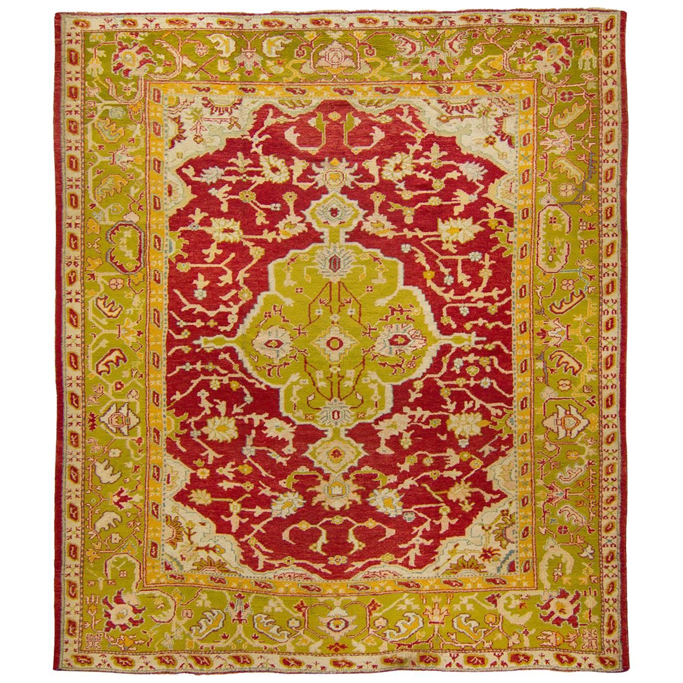 Antique Oushak Rug 19th Century Red and Green Squarish For Sale