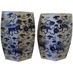 Nice Pair of Hexangonal Chinese Export Blue and White Garden Seats