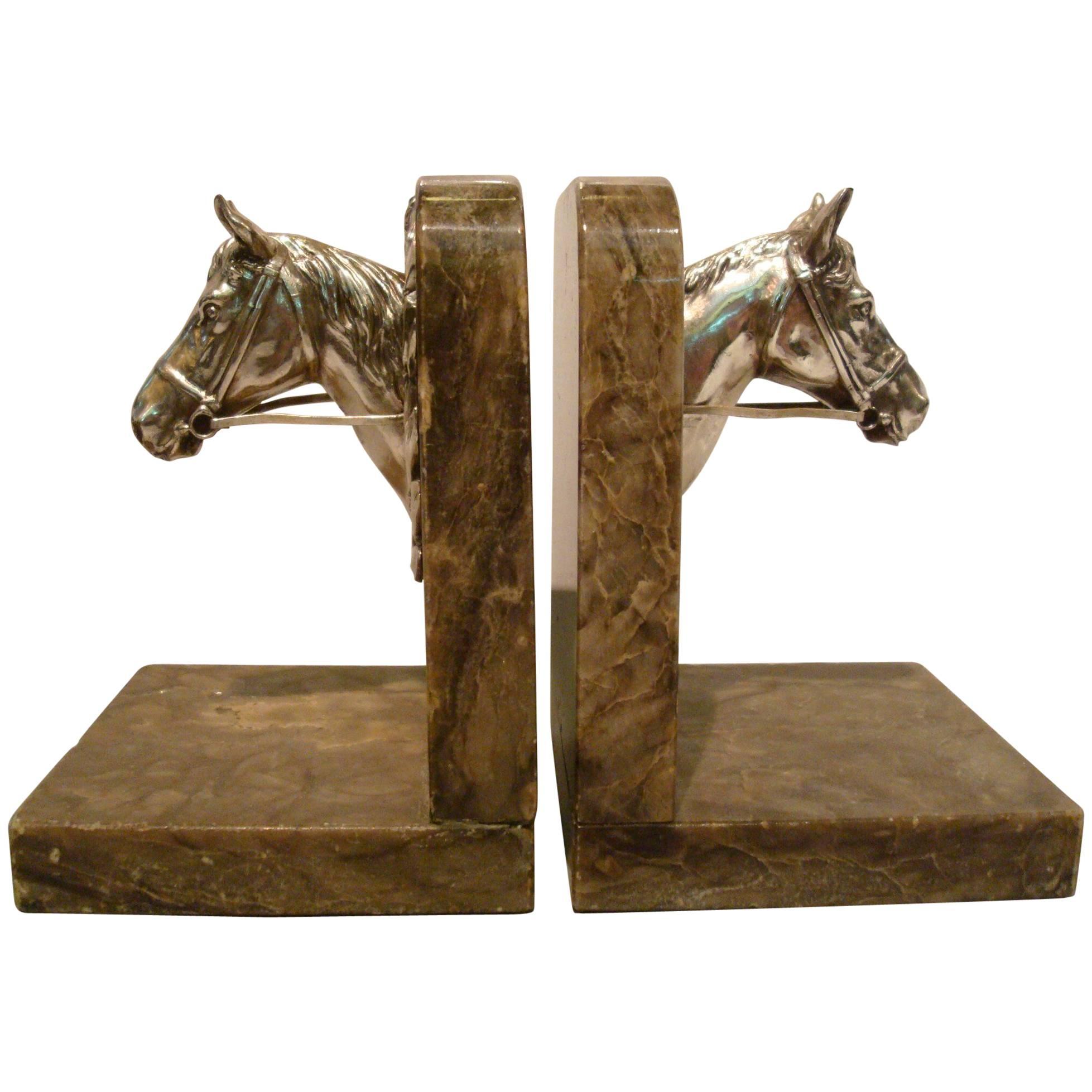Equestrian Polo Horse Busts Bookends, France, 1930s
