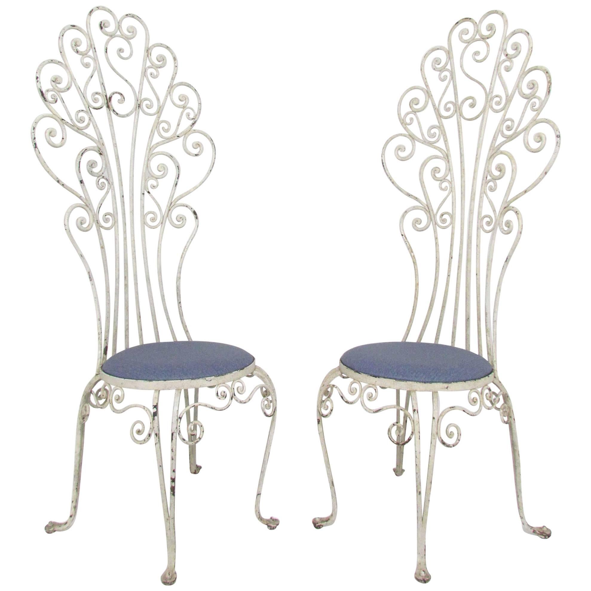 Pair of High Back Peacock Wrought Iron Patio Chairs, circa 1960s