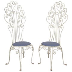 Pair of High Back Peacock Wrought Iron Patio Chairs, circa 1960s