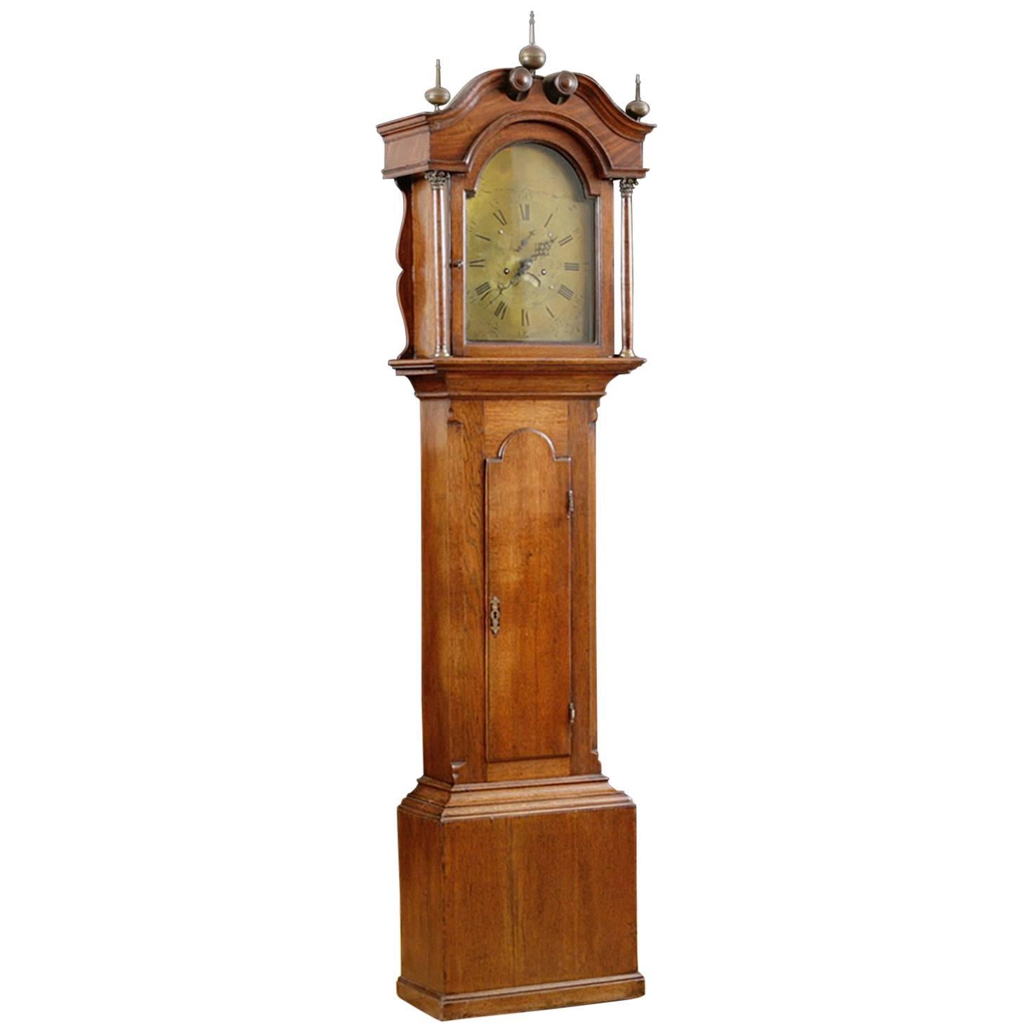 English Case Clock in Oak with 8-Day Movement and Brass Dial, circa 1830