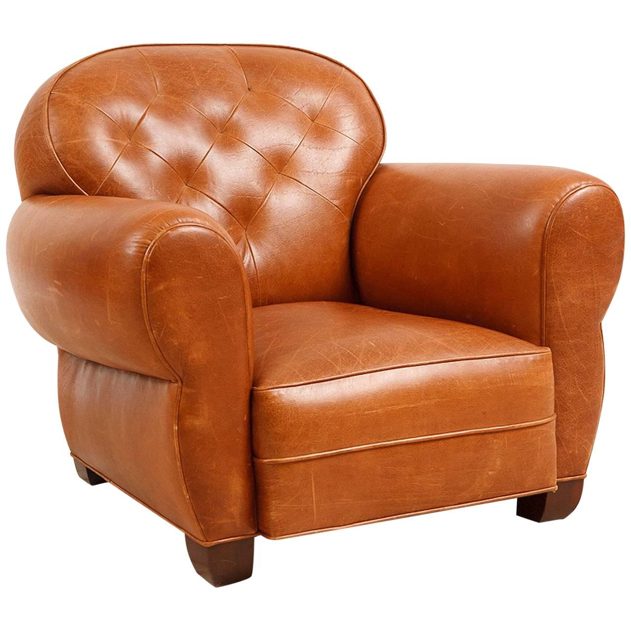 Custom Made Art Deco Style Buffalo Hide Leather Club Chair with Tufted Back