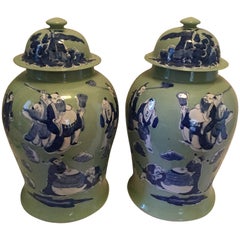 Pair of Chinese Export Baluster Jars with Lids