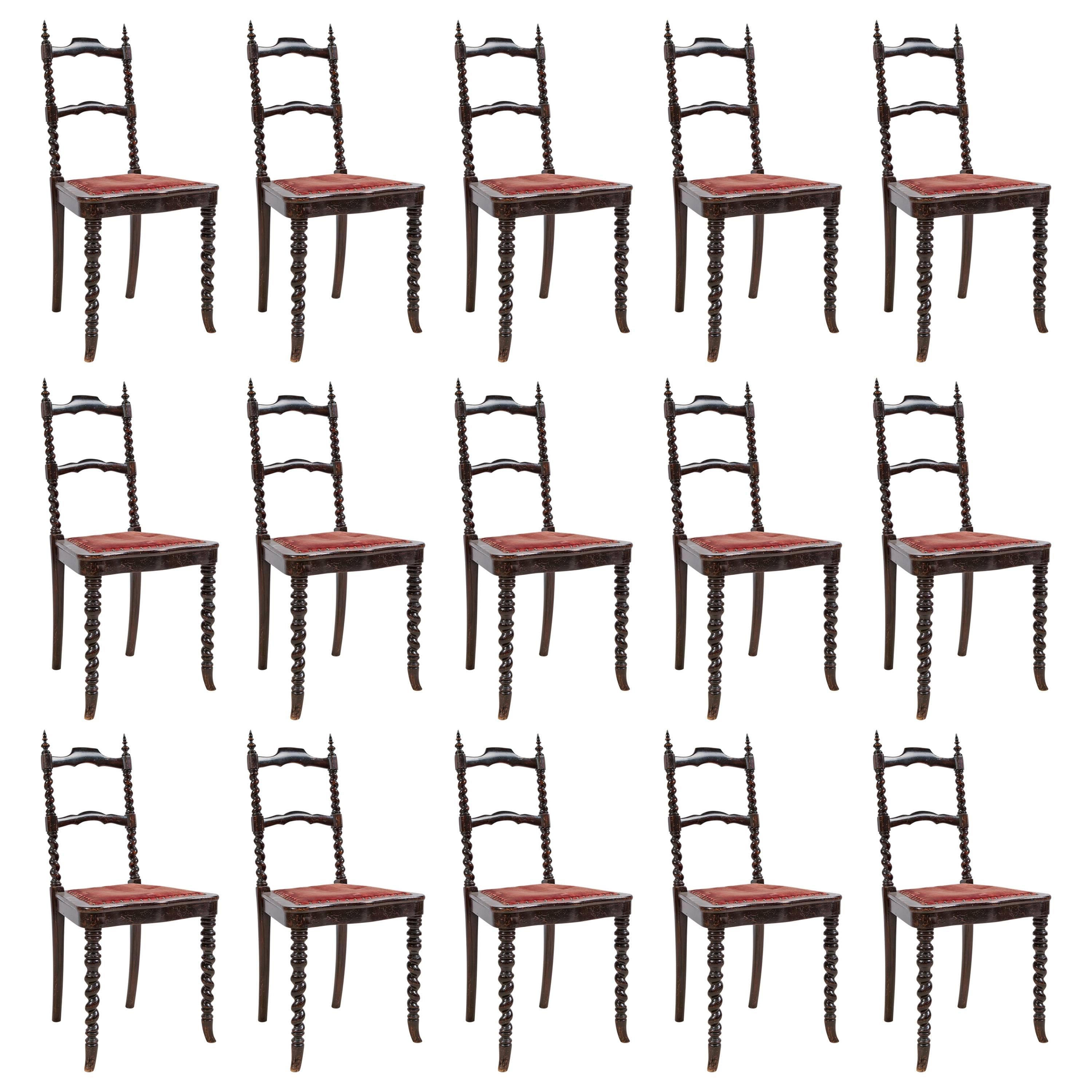 19th Century Set of 15 Neo-Gothic Dining Chairs in Ebonized Wood with Upholstery