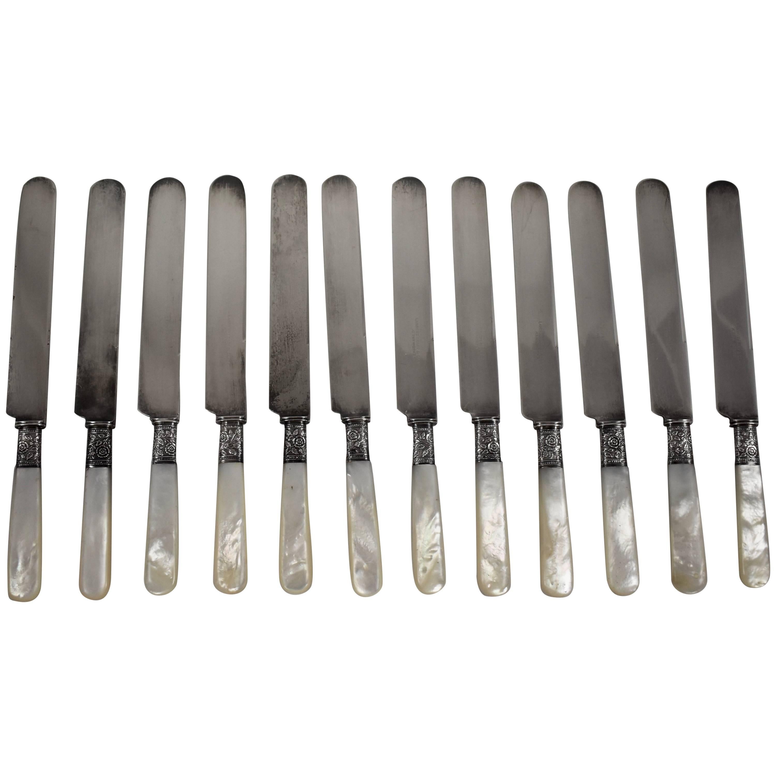 Aetna Works Mother-of-Pearl and Sterling Silver Place Knives, a Set of 12 For Sale