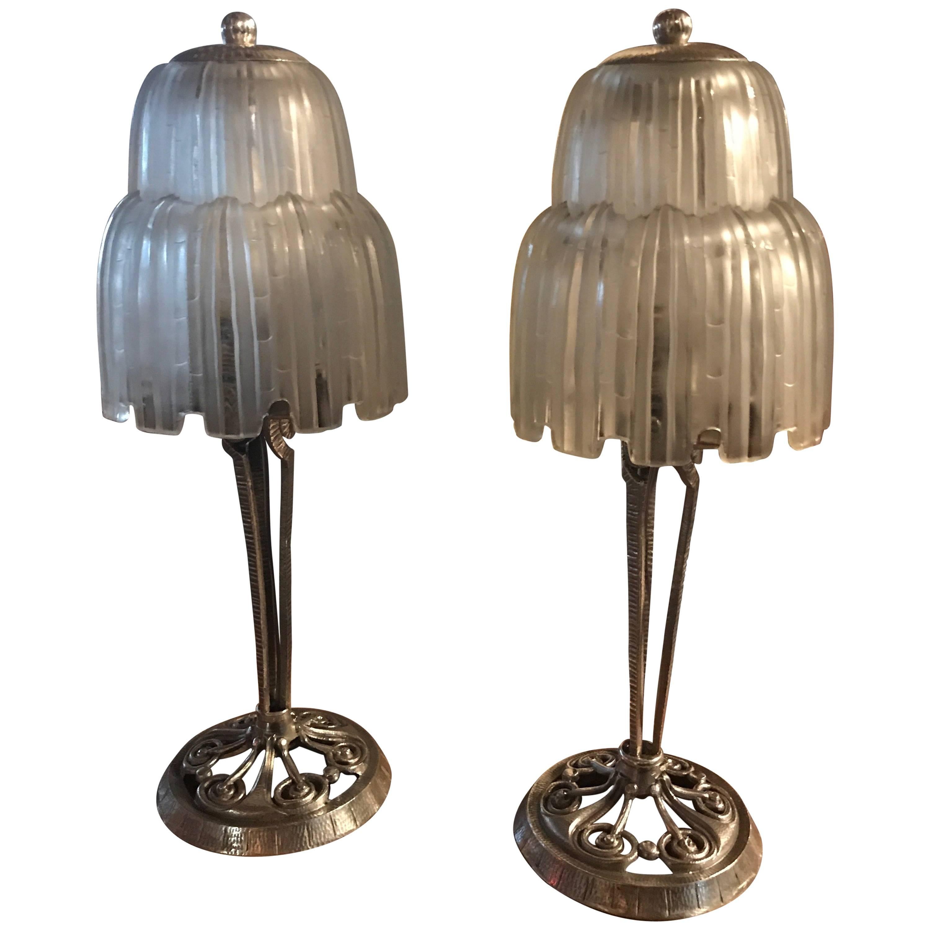 Sabino Glass Art Deco Pair of Table Lamps