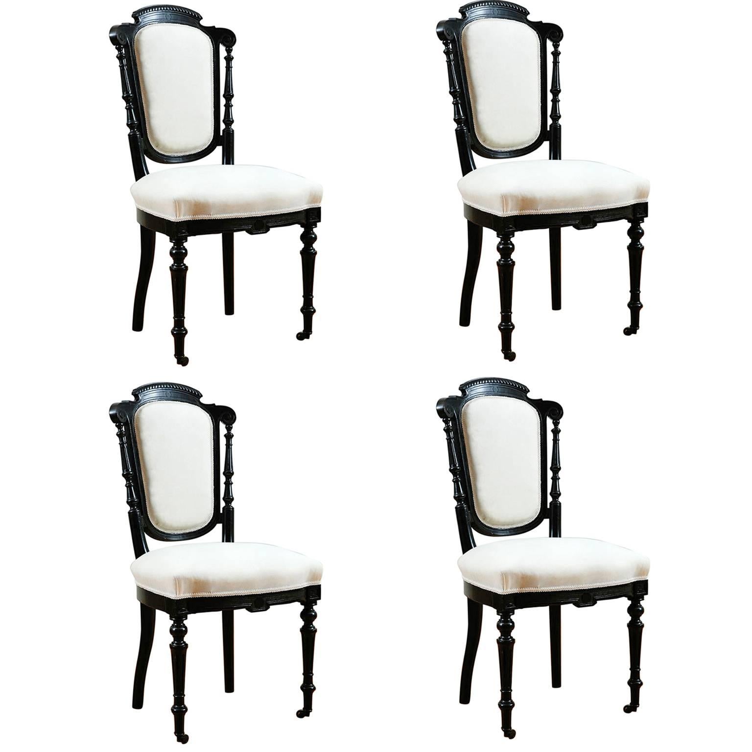 Set of Four French Napoleon III Dining Chairs with Upholstery, circa 1870