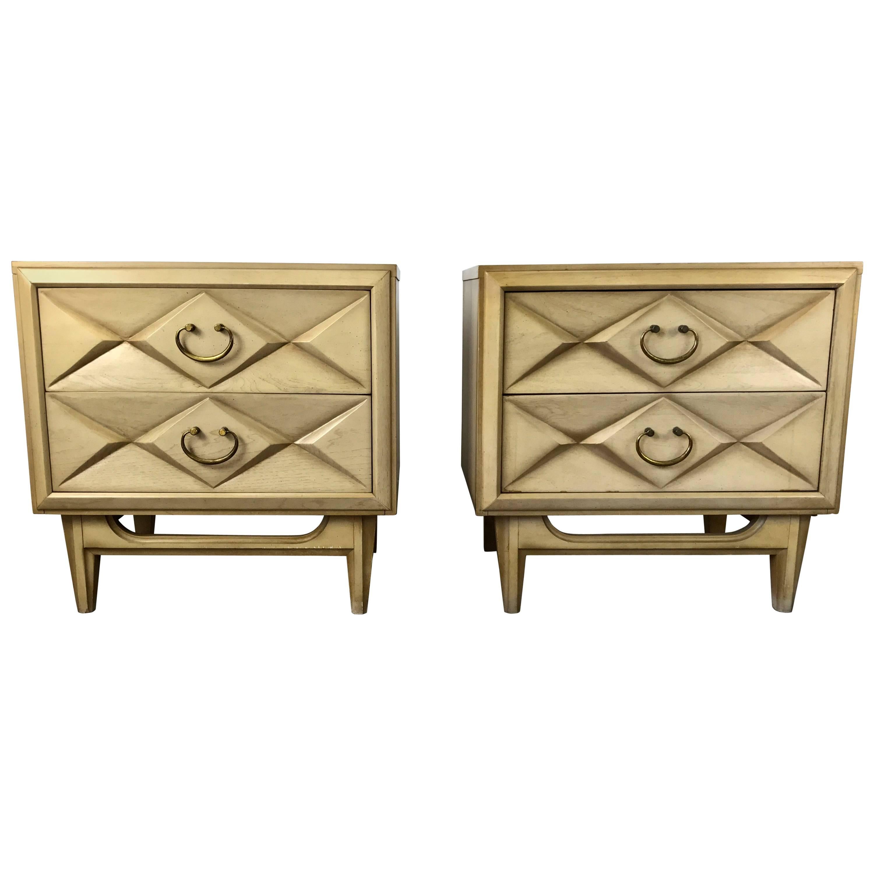 Pair of Hollywood Regency Quilted Front Two-Drawer Stands For Sale