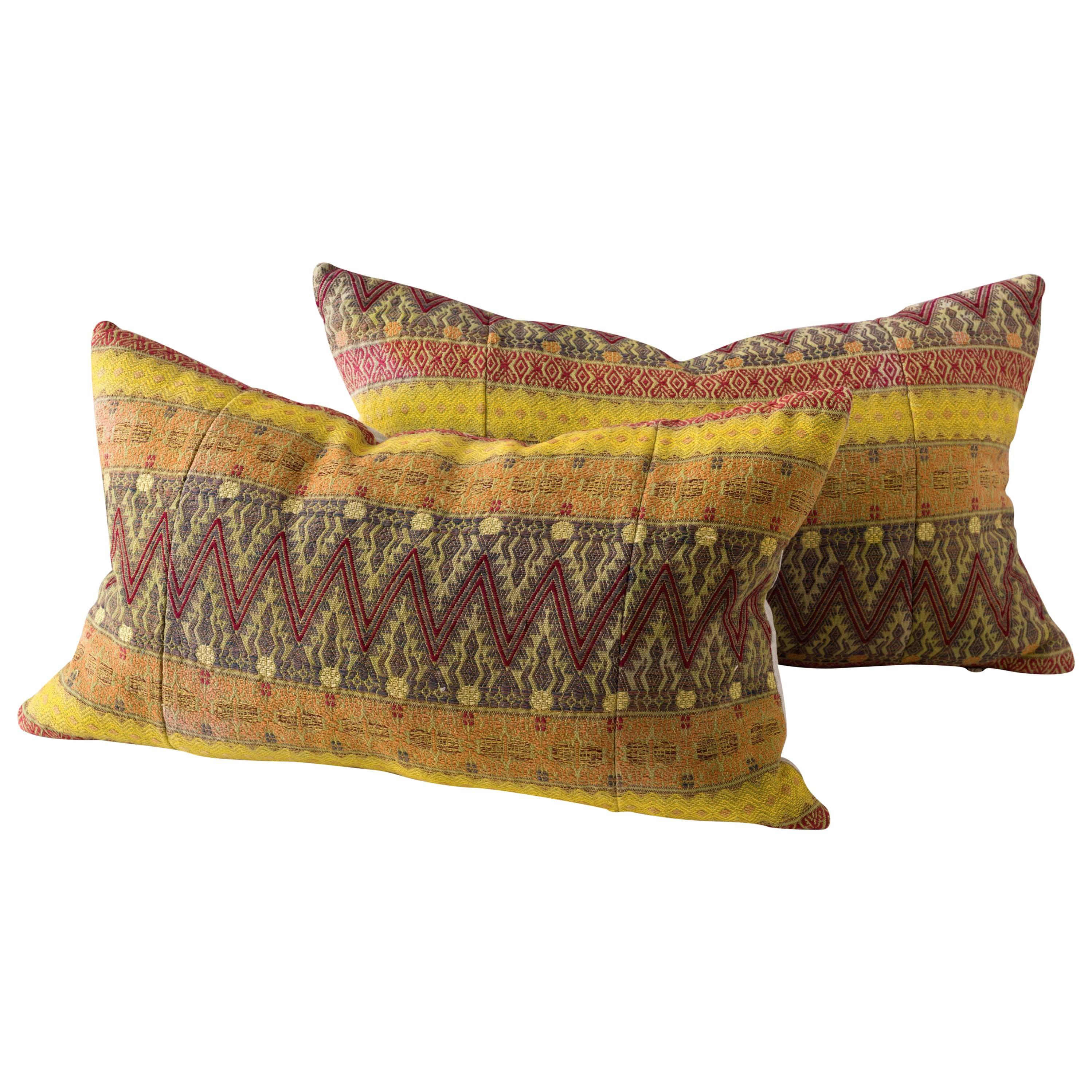 Contemporary Artisan Hand-Loomed Pillows, Yellow Pumpkin Olive Maroon For Sale