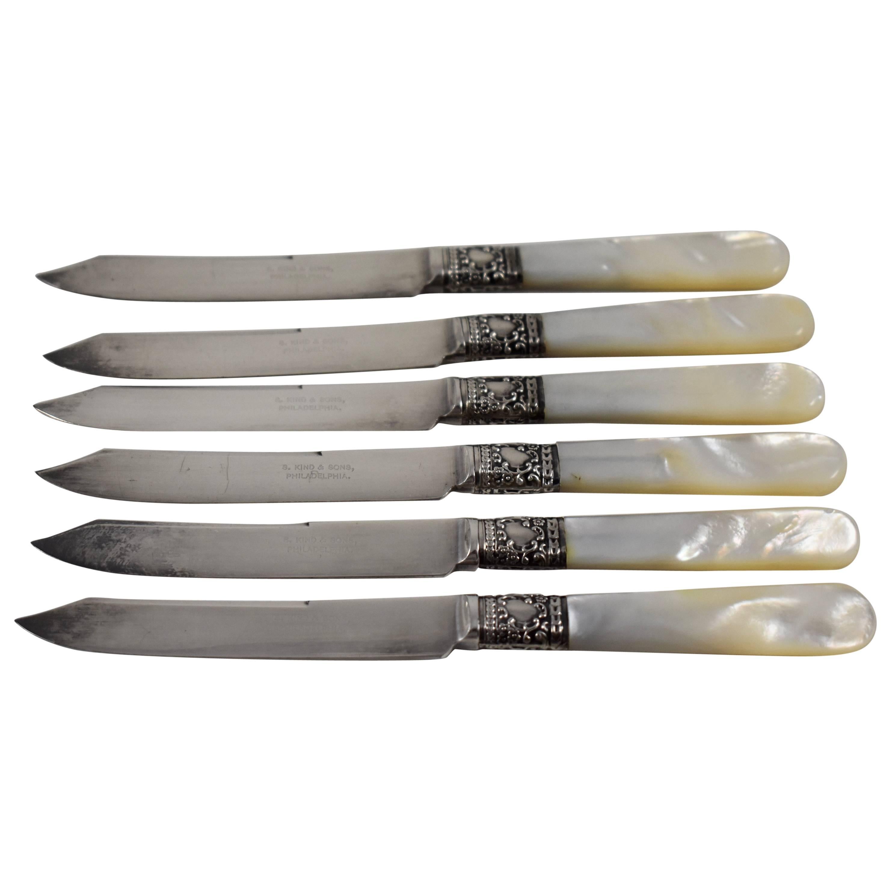 S. Kind & Sons Mother-of-Pearl and Sterling Silver Fruit Knives, a Set of Six