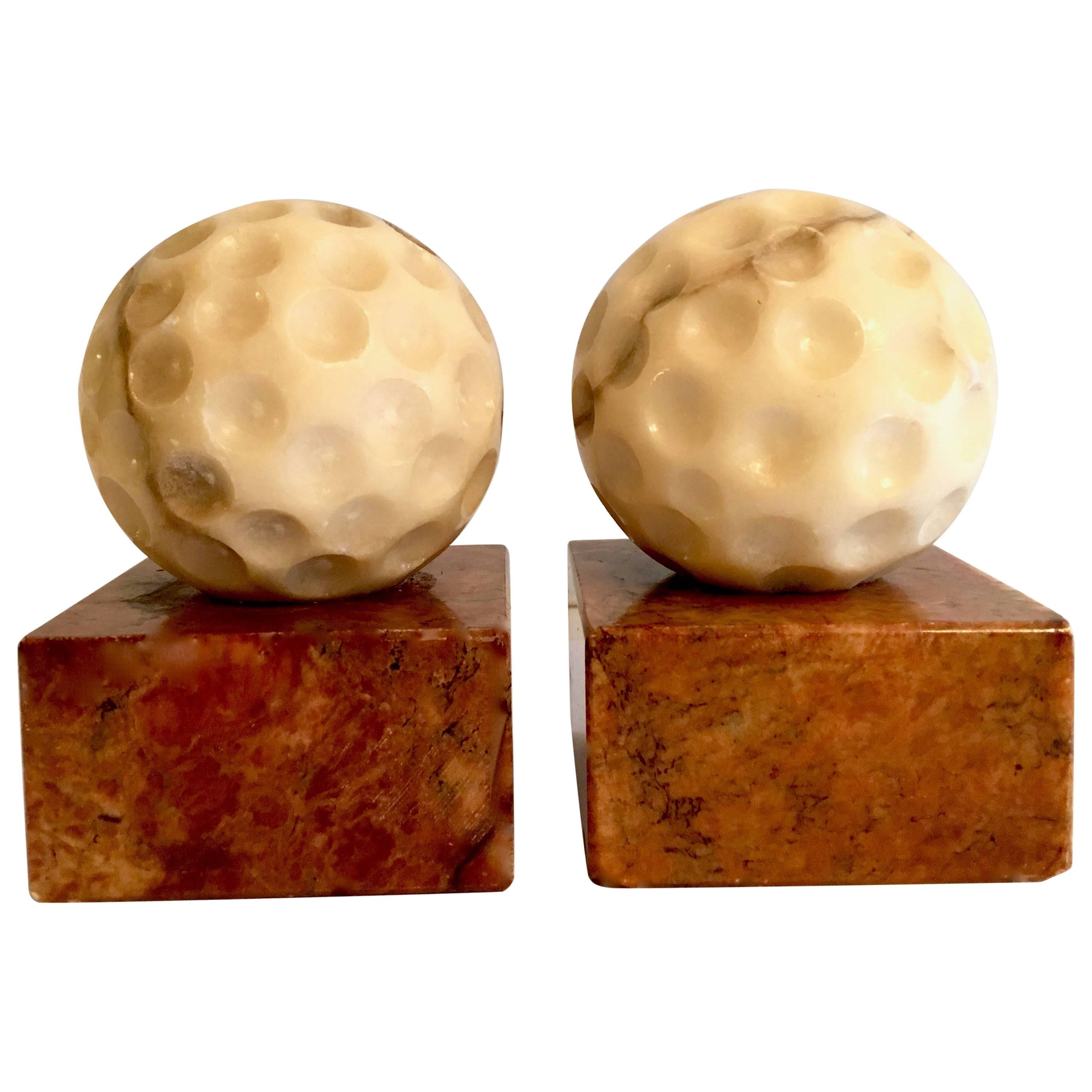 Pair of Vintage Marble Golf Ball Bookends with Red Marble Bases